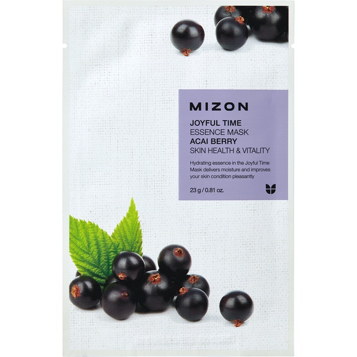 Mizon Joyful Time Essence Mask Acai Berry 23 g kosteuttava kangasnaamio valkoisessa pakkauksessa jossa on acaimarjoja