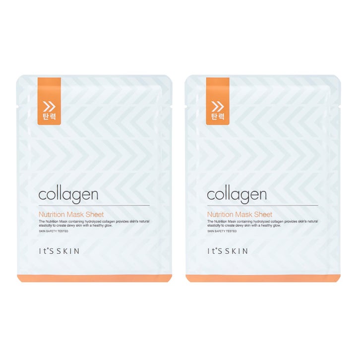 It'S SKIN Collagen Nutrition Mask Sheet kangasnaamio lisää ihon kimmoisuutta kahdessa valko-oranssissa chevron-pussissa.