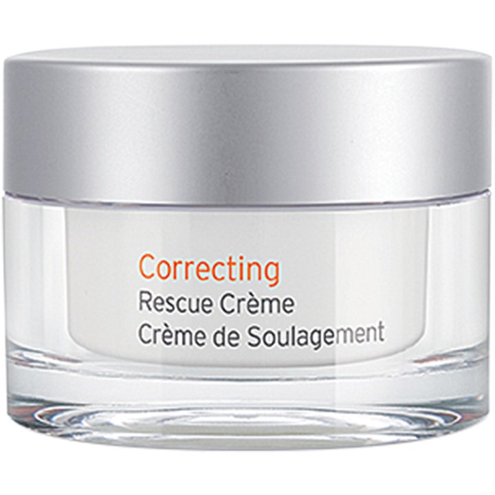 Jan Marini Correcting Rescue Crème 50 ml rauhoittava kasvovoide läpinäkyvässä lasipurkissa, jossa on hopeinen korkki.