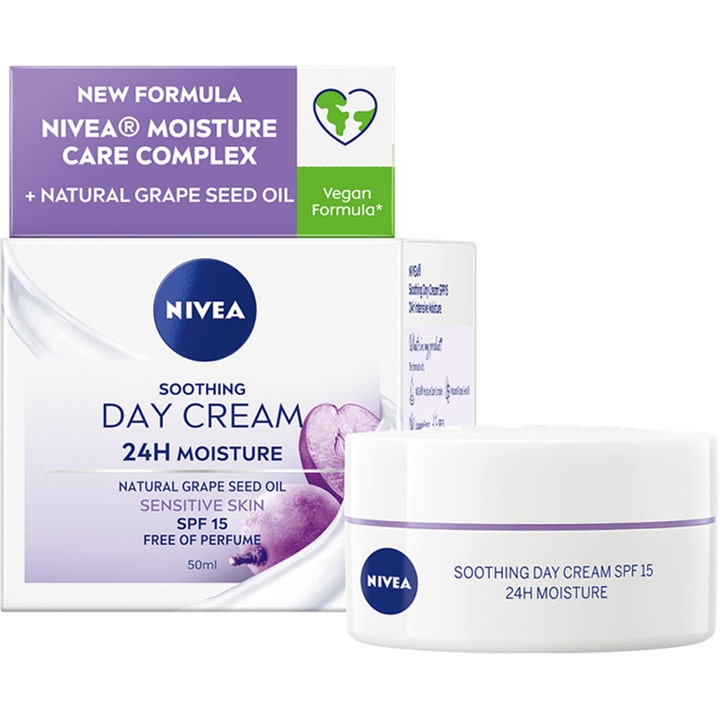 Nivea Soothing Day Cream 50 ml rauhoittava päivävoide valkoisessa purkissa ja pahvipakkauksessa.