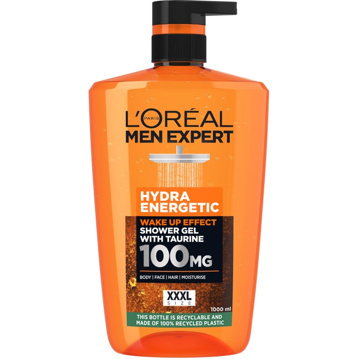 L'Oréal Men Expert Hydra Energetic 1000 ml virkistävä suihkugeeli tauriinilla oranssissa suuressa pumppupullossa