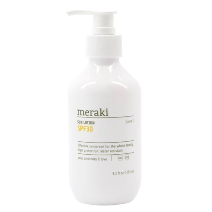 Meraki Sun Lotion SPF30 275 ml suojaava aurinkovoide antaa korkean suojan tyylikkäässä valkoisessa pumppupullossa