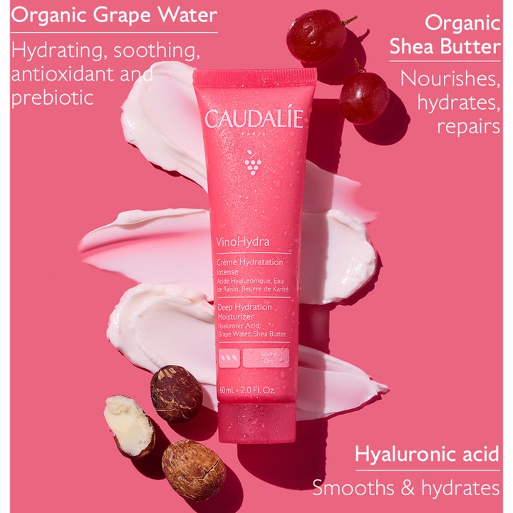 Caudalie Vinohydra Deep Hydration Moisturizer 60 ml syväkosteuttava voide pinkissä tuubissa rypäleiden ja karitevoin kera.