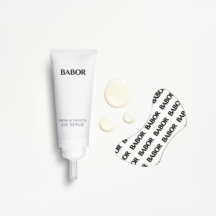 Babor Instant Fresh & Smooth Eye Serum 30 ml silmänympärysseerumi, vaaleaa emulsiota ja logokuvioitu silmälappu.