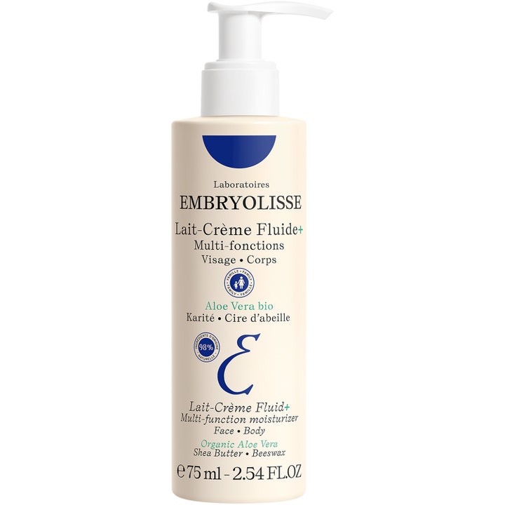 Embryolisse Lait-Crème Fluide+ 75 ml kosteuttava monitoimivoide vaaleassa pumppupullossa sinisillä yksityiskohdilla