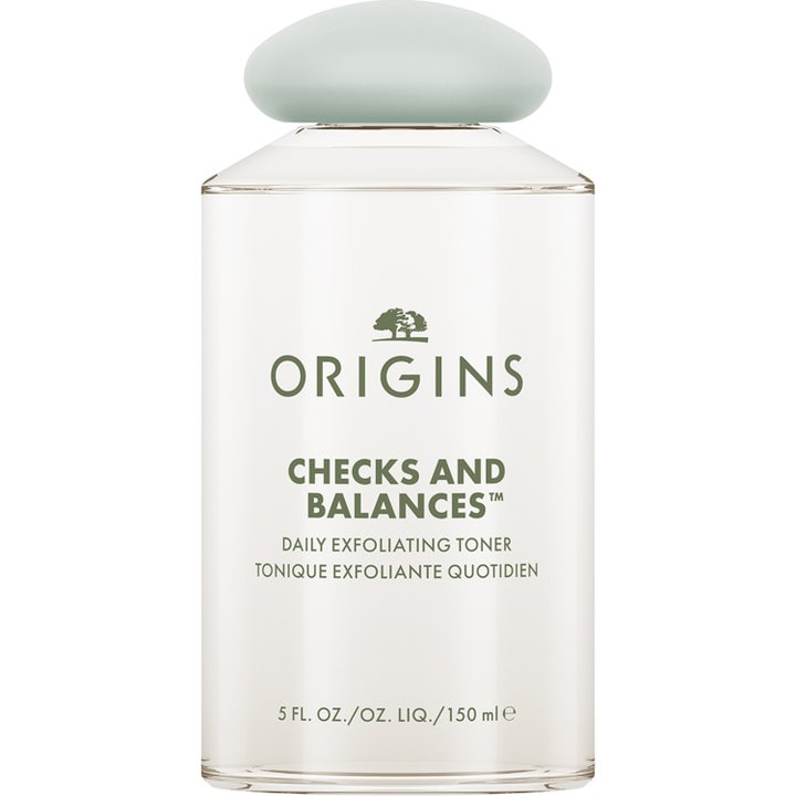 Origins Checks and Balances Daily Exfoliating Toner 150 ml kirkastava kasvovesi kirkkaassa pullossa vaaleanvihreällä korkilla