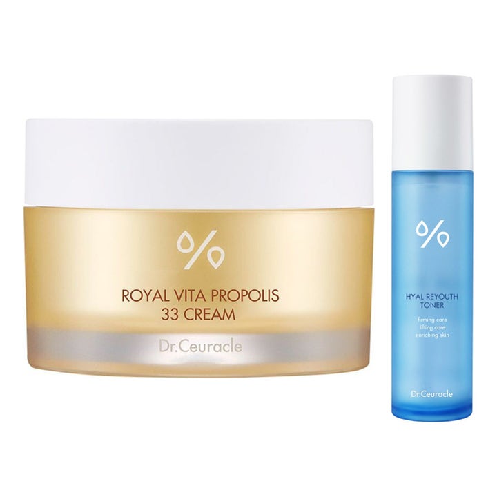 Dr. Ceuracle Royal Vita Propolis Cream ja Hyal Reyouth Toner heleyttävä setti kultaisessa purkissa ja sinisessä pullossa.