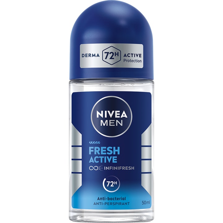 Nivea Men Fresh Active 50 ml antiperspirantti antaa raikkaan suojan kirkkaassa lasipullossa, jossa on sininen korkki.