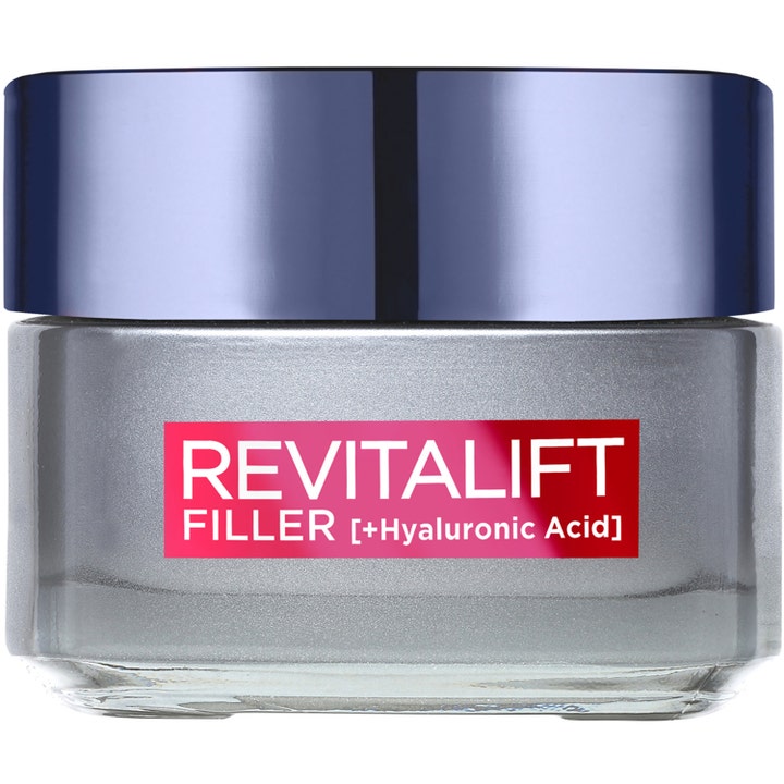 L'Oréal Paris Revitalift Filler 50 ml täyteläistävä kasvovoide hopeisessa lasipurkissa violetilla korkilla