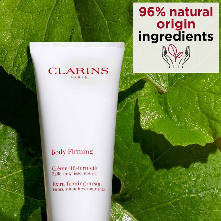 Clarins Body Firming Extra-Firming Cream 200 ml kiinteyttävä vartalovoide 96 % luonnollisia ainesosia vihreillä lehdillä.