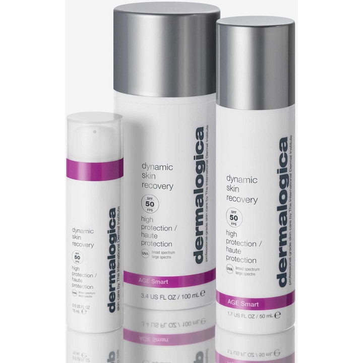 Dermalogica Dynamic Skin Recovery SPF50 15 ml aurinkosuojan antava päivävoide kolmessa pumppupullossa.
