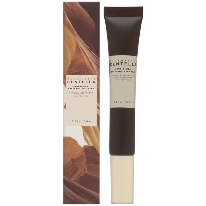 SKIN1004 Madagascar Centella Probio-Cica Bakuchiol Eye Cream 20 ml silmänympärysvoide ruskeassa tuubissa ja rasiassa