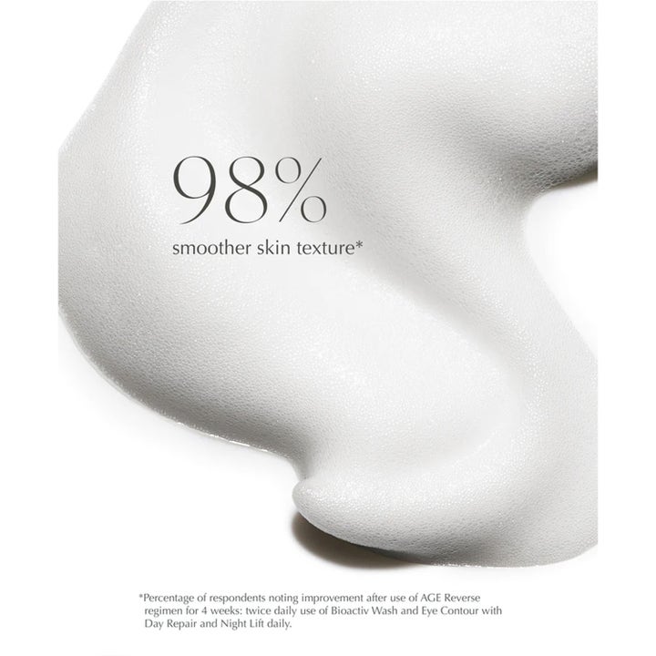 Exuviance Age Reverse BioActiv Wash 125 ml silottava puhdistusvaahto valkoinen vaahto tekstillä 98% smoother skin texture