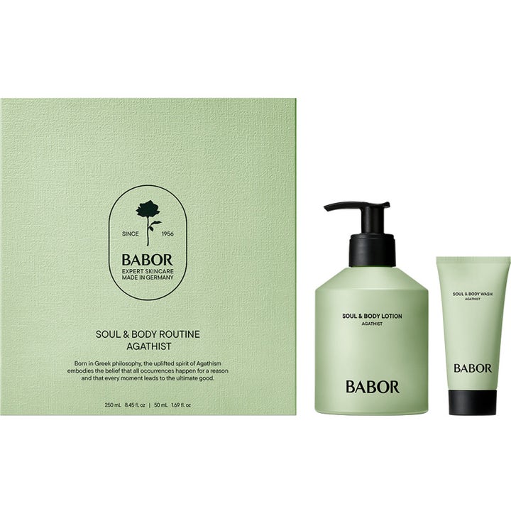 Babor Soul & Body Routine Agathist 250 ml ja 50 ml vartalonhoitosetti vaaleanvihreässä pakkauksessa ja pullossa.