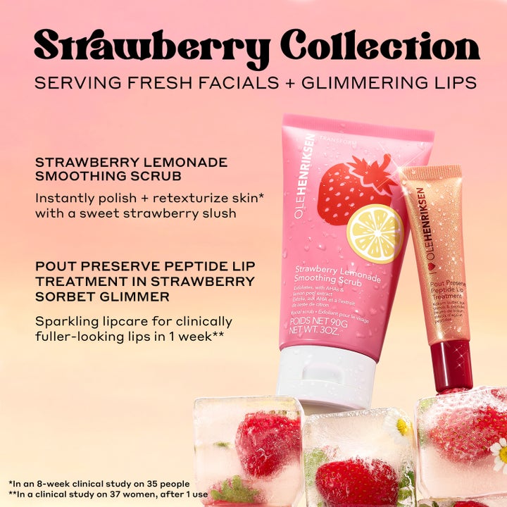 Ole Henriksen Transform Strawberry Smoothing Scrub 90 ml silottava kasvokuorinta vaaleanpunaisessa tuubissa jääpalojen kera