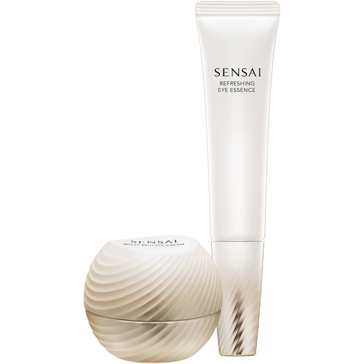 Sensai Refreshing Eye Essence ja Melty Rich Eye Cream virkistävä silmänympäryshoito valkoisissa aaltokuvioisissa pakkauksissa