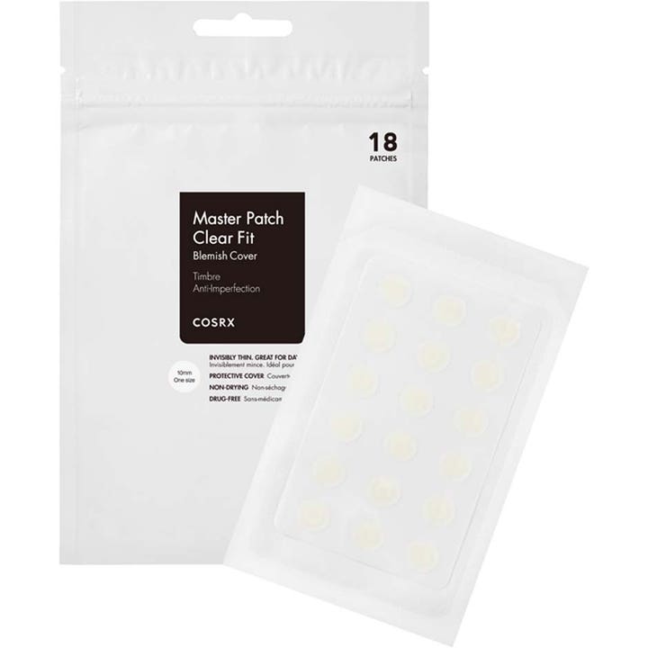 COSRX Master Patch Clear Fit 18 kpl finnilaastari valkoisessa pussissa ja läpinäkyvällä arkilla.