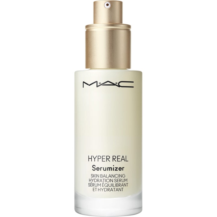 MAC Cosmetics Hyper Real Serumizer 30 ml tasapainottava seerumi huurteisessa lasipullossa, jossa on kultainen pumppu.