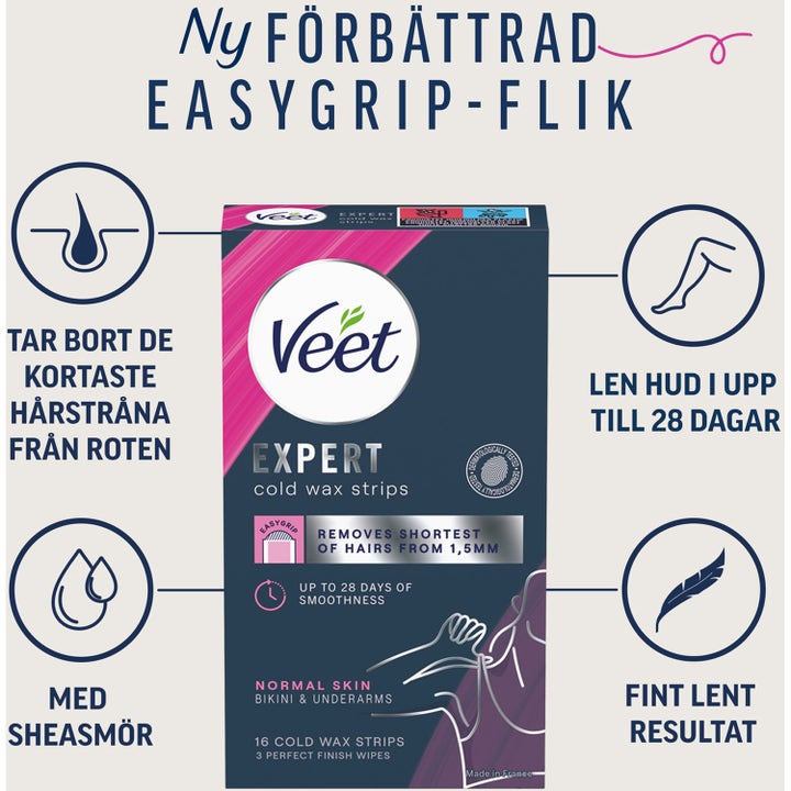 Veet Bikini & Underarm Wax Strips 16 kpl vaxliuskat sheavoilla poistavat lyhyet karvat juuresta.