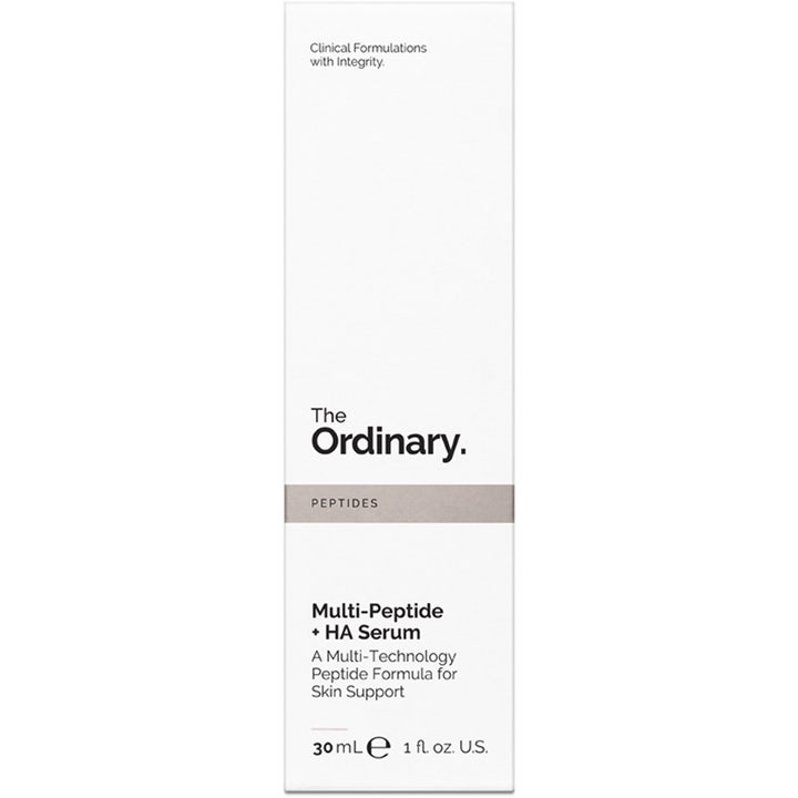 The Ordinary Multi-Peptide + HA Serum 30 ml kosteuttava kasvoseerumi valkoisessa pahvipakkauksessa.