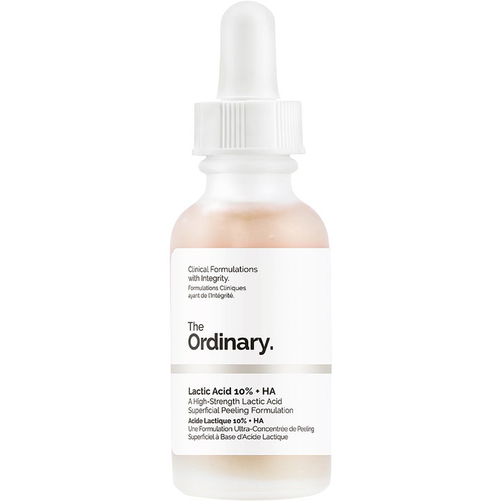 The Ordinary Lactic Acid 10% + HA 30 ml kuoriva seerumi maitohapolla himmeässä lasipullossa.