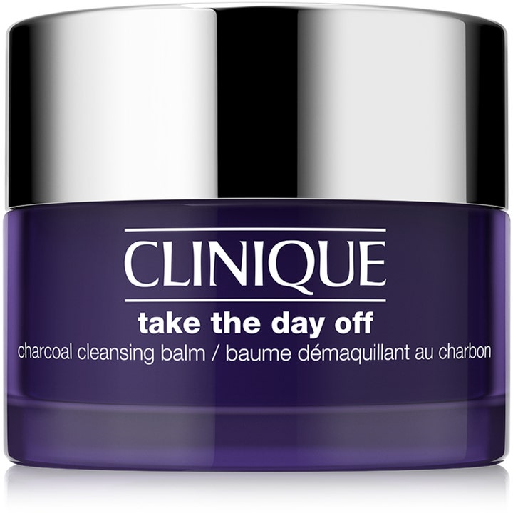 Clinique Take The Day Off Charcoal Cleansing Balm syväpuhdistava puhdistusbalmi violetissa purkissa hopeisella korkilla