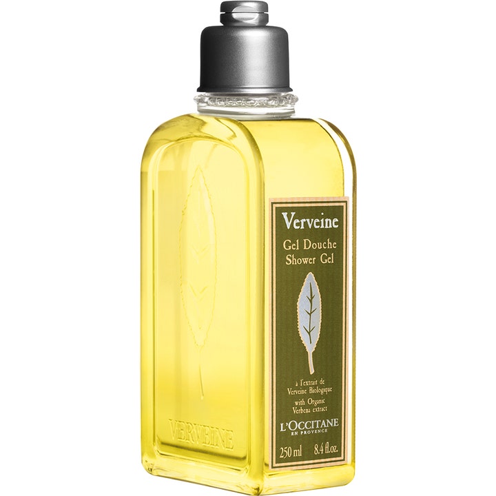 L'Occitane Verveine 250 ml virkistävä suihkugeeli keltaisessa muovipullossa jossa on hopeinen korkki