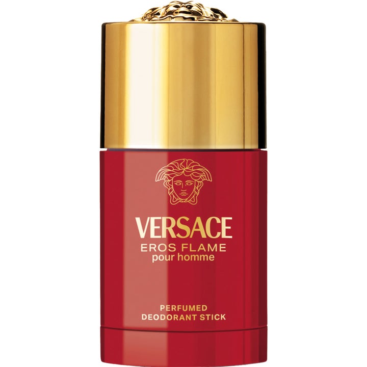 Versace Eros Flame Pour Homme 75 ml deodoranttipuikko raikastaa punaisessa hylsyssä, jossa on kultainen korkki.