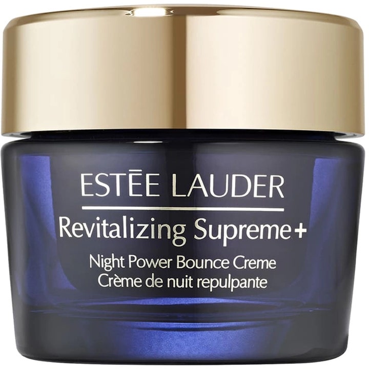 Estée Lauder Revitalizing Supreme+ Night Power Bounce Creme kiinteyttävä yövoide tummansinisessä kultakantisessa lasipurkissa.