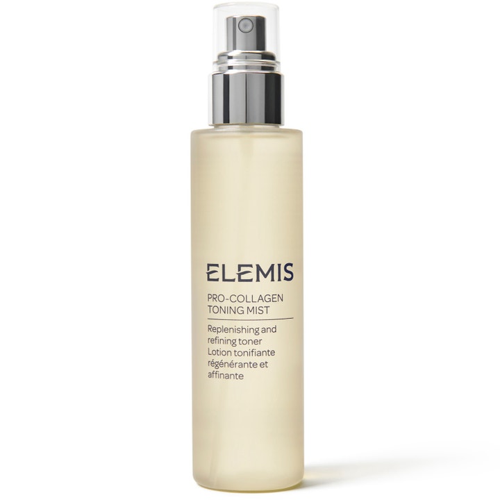 Elemis Pro-Collagen Toning Mist silottava ja kosteuttava kasvosuihke huurteisessa pullossa hopeisella pumpulla