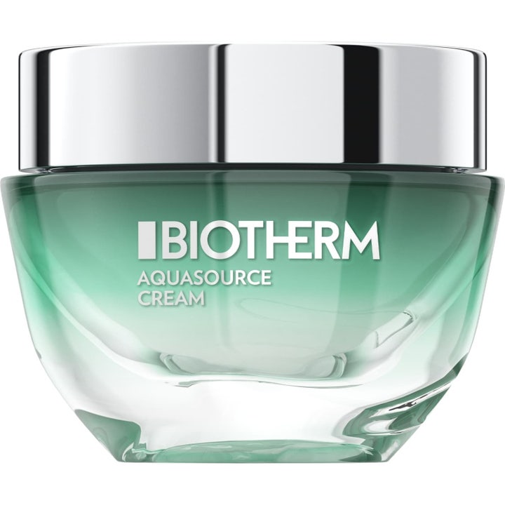 Biotherm Aquasource Cream kosteuttava kasvovoide vihreässä lasipurkissa jossa on tyylikäs hopeinen kansi