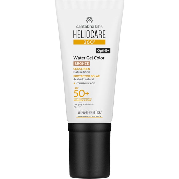 Heliocare 360 Water Gel Color Bronze 50 ml kosteuttava aurinkovoide valkoisessa tuubissa mustalla korkilla