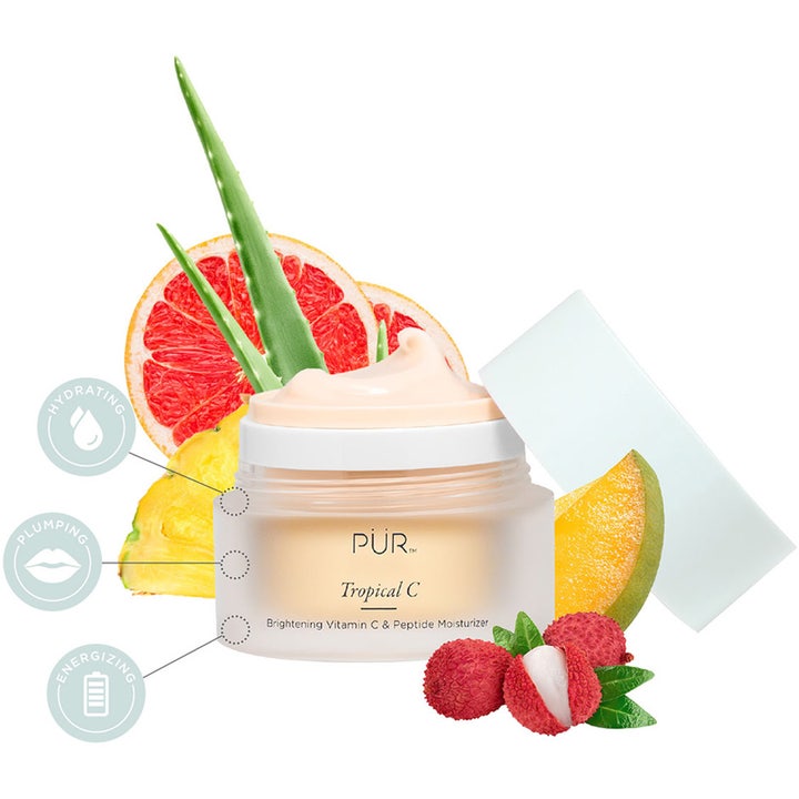 PÜR Tropical C Brightening Vitamin C & Peptide Moisturizer 50 ml kirkastava kasvovoide huurretussa purkissa hedelmillä