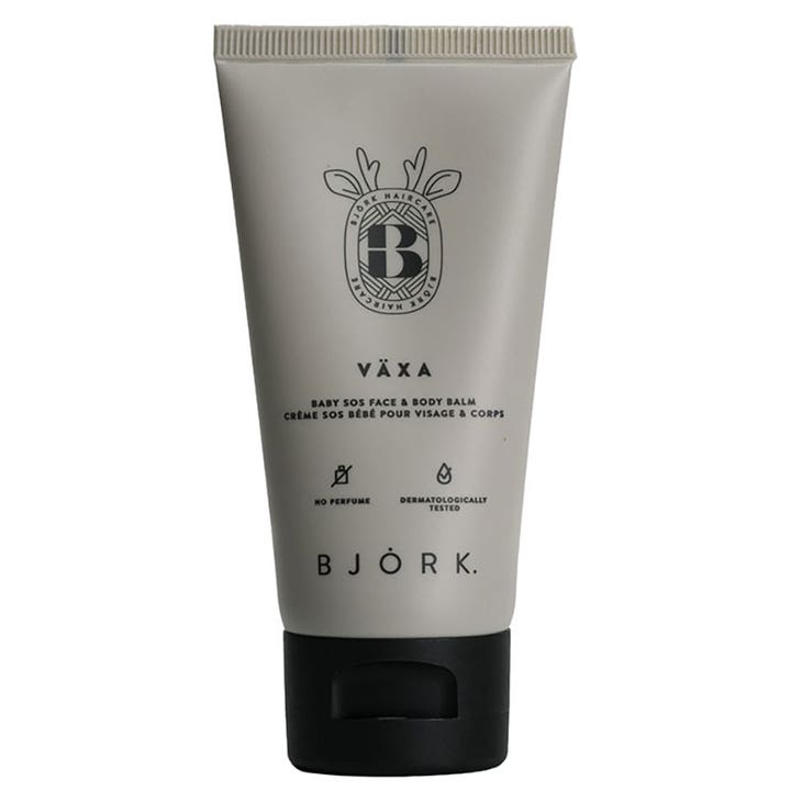 Björk Växa Baby SOS Face & Body Balm rauhoittava voide vauvalle harmaanbeigessä tuubissa mustalla korkilla.