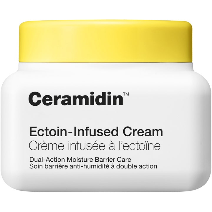 Dr. Jart+ Ceramidin Ectoin-Infused Cream suojamuuria vahvistava kasvovoide valkoisessa purkissa keltaisella kannella.