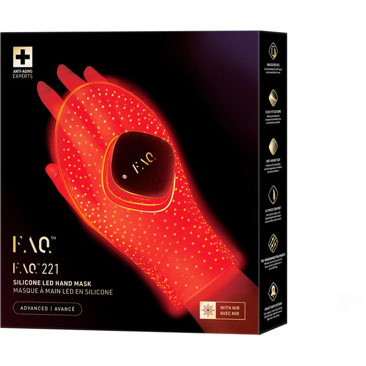FAQ Swiss FAQ™ 221 LED Hand Mask 1 kpl anti-aging-laite mustassa pakkauksessa jossa on punaisena hohtava maski