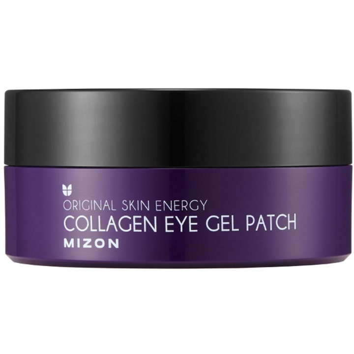 Mizon Collagen Eye Gel Patch 60 kpl kiinteyttävät silmänympäryslaput purppuranvärisessä purkissa, jossa on musta kansi