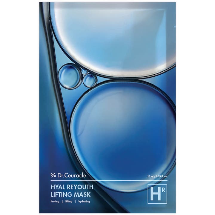 Dr. Ceuracle Hyal Reyouth Lifting Mask 23 ml kiinteyttävä kangasnaamio sinisessä pakkauksessa, jossa on suuria vesikuplia.