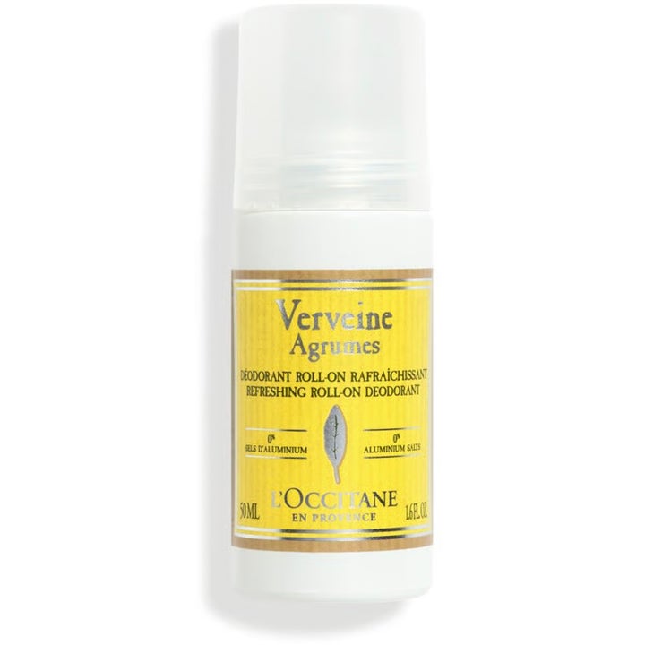 L'Occitane Verveine Agrumes 50 ml raikastava roll-on-deodorantti valkoisessa pullossa keltaisella etiketillä.