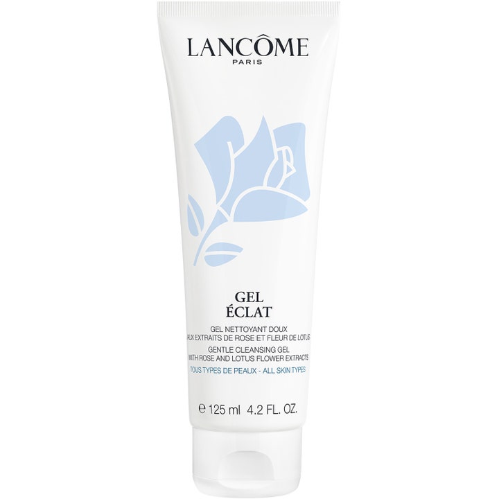 Lancôme Gel Éclat 125 ml kirkastava puhdistusgeeli on valkoinen tuubi jossa on vaaleansininen ruusukuvio