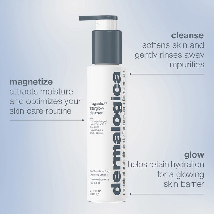 Dermalogica Magnetic Afterglow Cleanser 295 ml heleyttävä kasvojenpuhdistusaine valkoisessa pumppupullossa harmaalla korkilla.