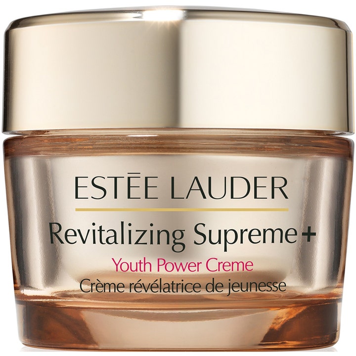 Estée Lauder Revitalizing Supreme+ Youth Power Creme kiinteyttävä kasvovoide ylellisessä kultaisessa lasipurkissa.