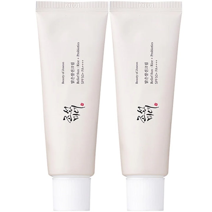 Beauty of Joseon Relief Sun Rice + Probiotics 2x50ml suojaava aurinkovoide kaksi minimalistista valkoista tuubia
