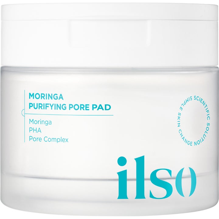 ilso Moringa Purifying Pore Pad syväpuhdistavat kuorintalaput puhdistavat ihohuokosia valkoisessa huurteisessa purkissa.