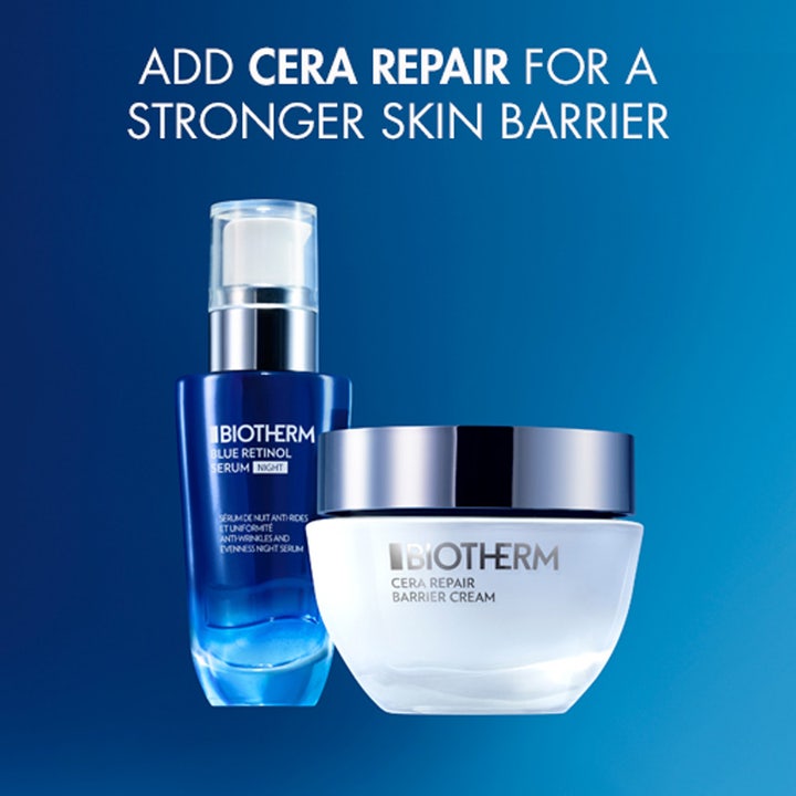 Biotherm Blue Retinol Serum Night 30 ml silottava seerumi ja ihoa vahvistava Cera Repair -voide.
