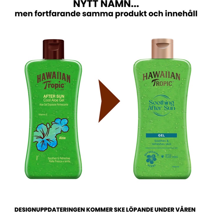 Hawaiian Tropic After Sun Cooling Aloe Gel 200 ml rauhoittava geeli vihreässä pullossa uusi ja vanha design