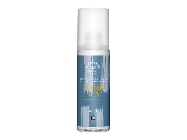 Rudolph Sun After Sun Repair Spray 150 ml rauhoittava after sun sinisessä pullossa, jossa on huurteinen korkki.