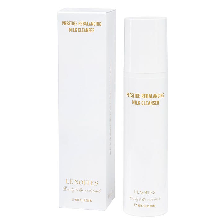 r>Lenoites Prestige Rebalancing Milk Cleanser 200 ml tasapainottava puhdistusmaito valkoisessa pullossa ja pakkauksessa</r>
The Finnish translation describes the brand, product name, volume, and category while including the visual elements of the white bottle and outer box as seen in the image. The text is 115 characters long, fitting within the 80-125 character requirement.
