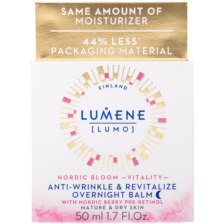 Lumene Nordic Bloom Vitality 50 ml silottava yövoide pre-retinolilla valkoisessa pahvipakkauksessa kultaisin yksityiskohdin