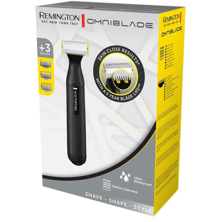 Remington Omniblade parranajokone keltaisessa pakkauksessa kolmella lisäosalla tarkkaan ja vedenkestävään parranajoon.